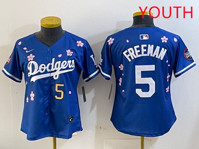 Youth Los Angeles Dodgers 5 Freeman Blue Sakura Edition 2025 Nike MLB Jersey style 7